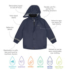 Rainy Day Waterproof Jacket Navy shown with details about the jacket's features such as reflective details and being unlined.